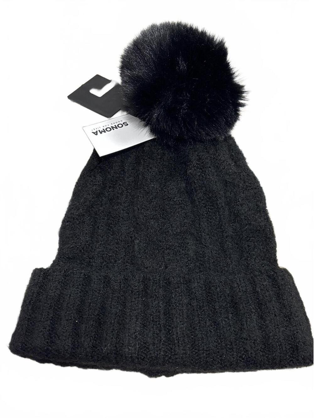 Sonoma Black Knit Beanie with Faux Fur Pom Pom